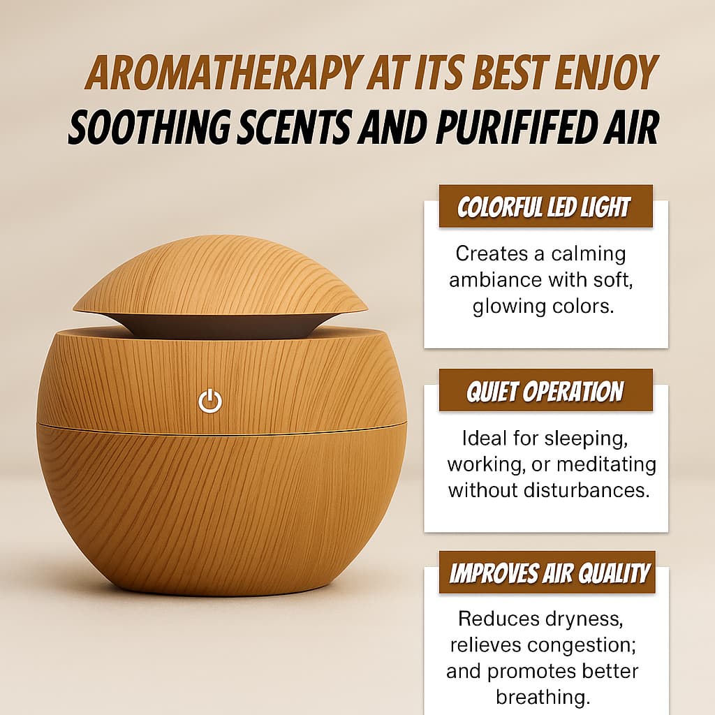 Aërbelle™ Wooden Aroma Humidifier – Ultrasonic Cool Mist Diffuser with LED Light for Home, Bedroom & Office