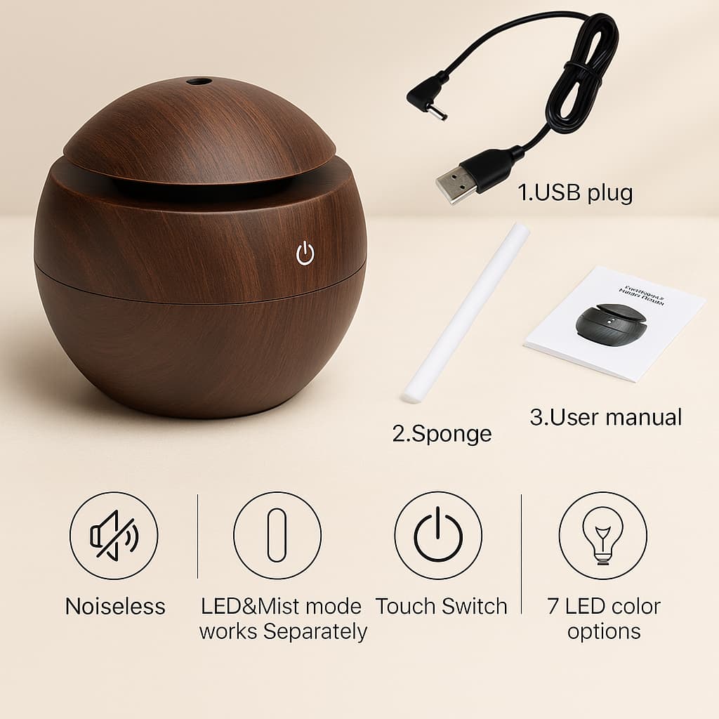Aërbelle™ Wooden Aroma Humidifier – Ultrasonic Cool Mist Diffuser with LED Light for Home, Bedroom & Office
