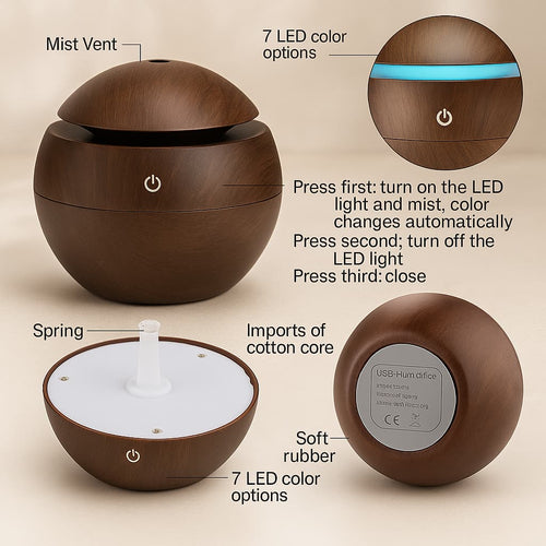 Aërbelle™ Wooden Aroma Humidifier – Ultrasonic Cool Mist Diffuser with LED Light for Home, Bedroom & Office