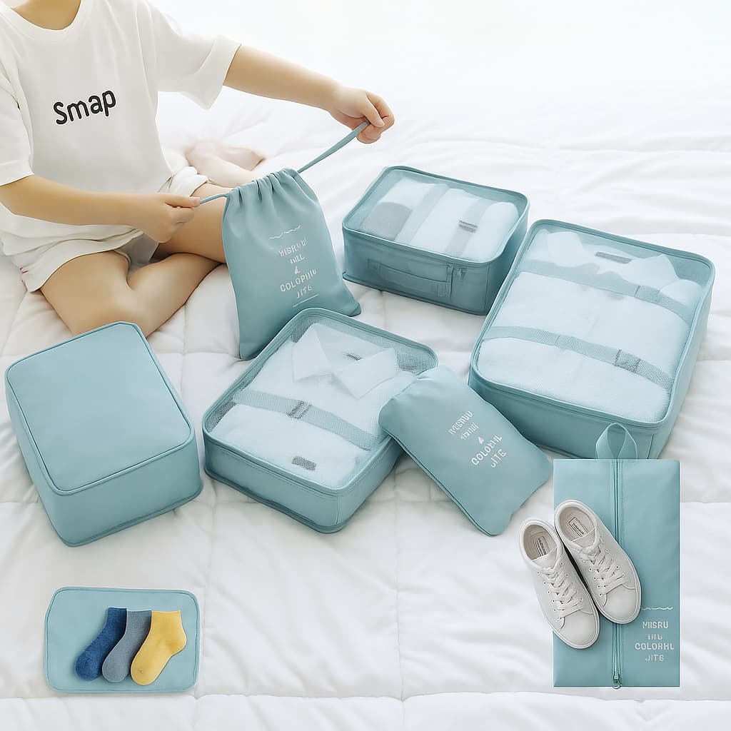 Travique™ 7-in-1 Travel Packing Organizer Set – Waterproof Luggage Pouches & Cubes for Clothes, Shoes & Toiletries
