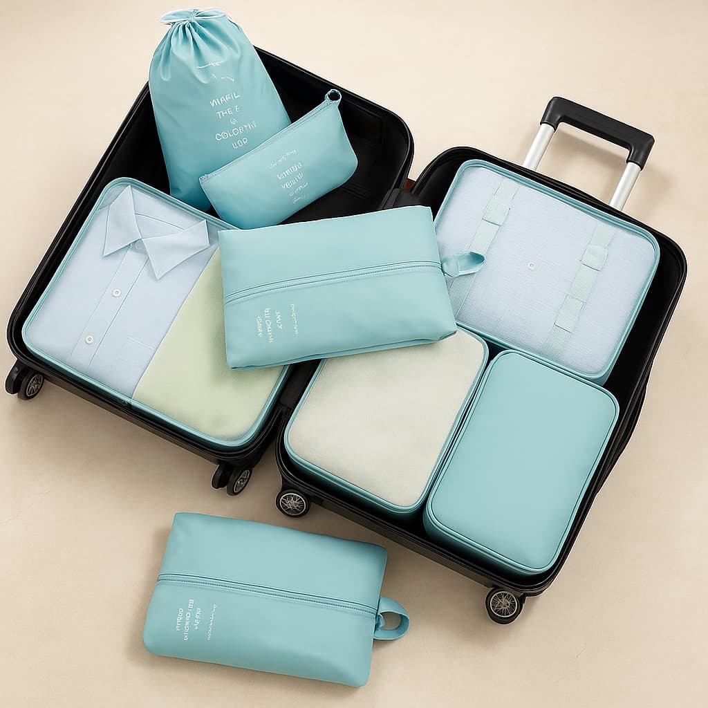 Travique™ 7-in-1 Travel Packing Organizer Set – Waterproof Luggage Pouches & Cubes for Clothes, Shoes & Toiletries