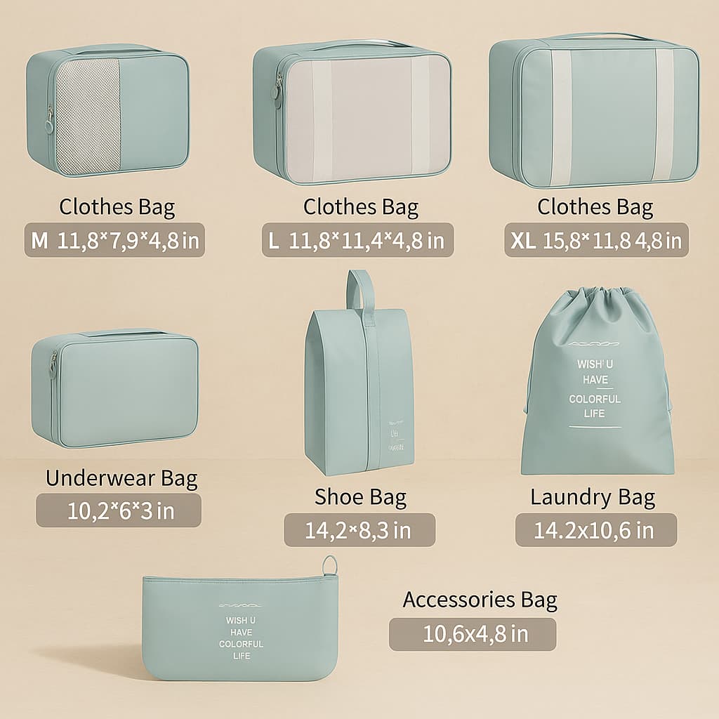 Travique™ 7-in-1 Travel Packing Organizer Set – Waterproof Luggage Pouches & Cubes for Clothes, Shoes & Toiletries