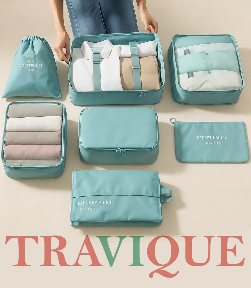 Travique™ 7-in-1 Travel Packing Organizer Set – Waterproof Luggage Pouches & Cubes for Clothes, Shoes & Toiletries